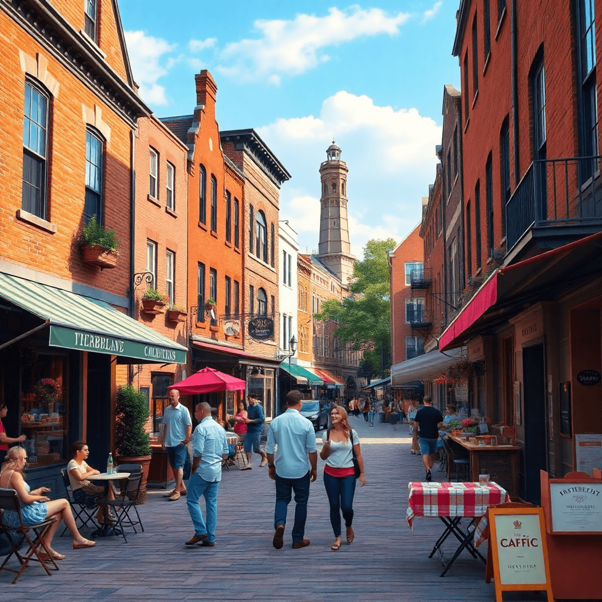 A lively historic downtown street in York, Pennsylvania, with charming brick buildings, outdoor cafes, couples chatting, and local vendors at a mar...