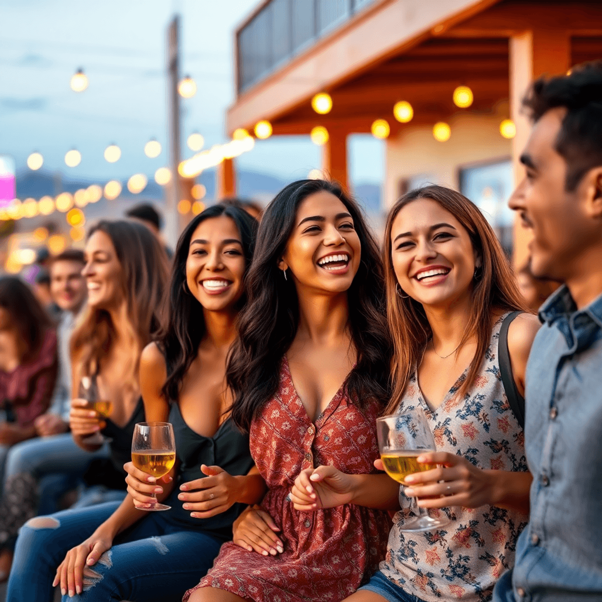 A lively outdoor gathering in Enterprise, Nevada, with young professionals laughing and chatting, surrounded by a vibrant atmosphere and hints of l...