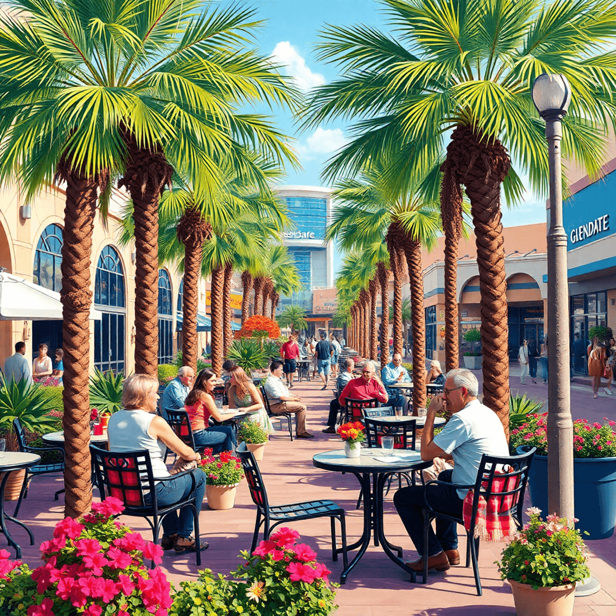 A lively outdoor café in Glendale, Arizona, with couples enjoying their time amidst palm trees and colorful flowers, showcasing local architecture ...