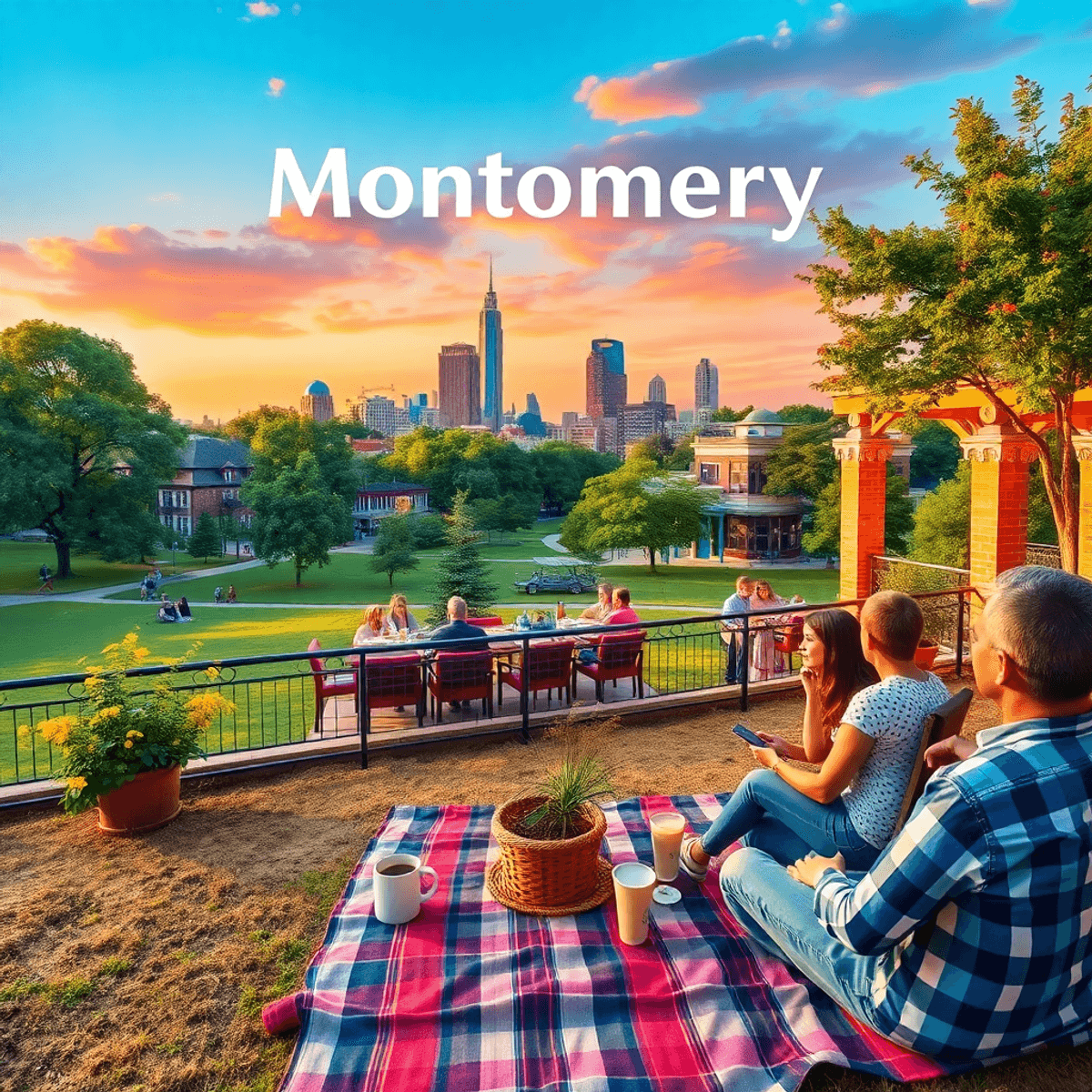 A lively park scene in Montgomery, Alabama, with picnic blankets, coffee cups, and casual seating. Warm colors create a relaxed atmosphere for comm...