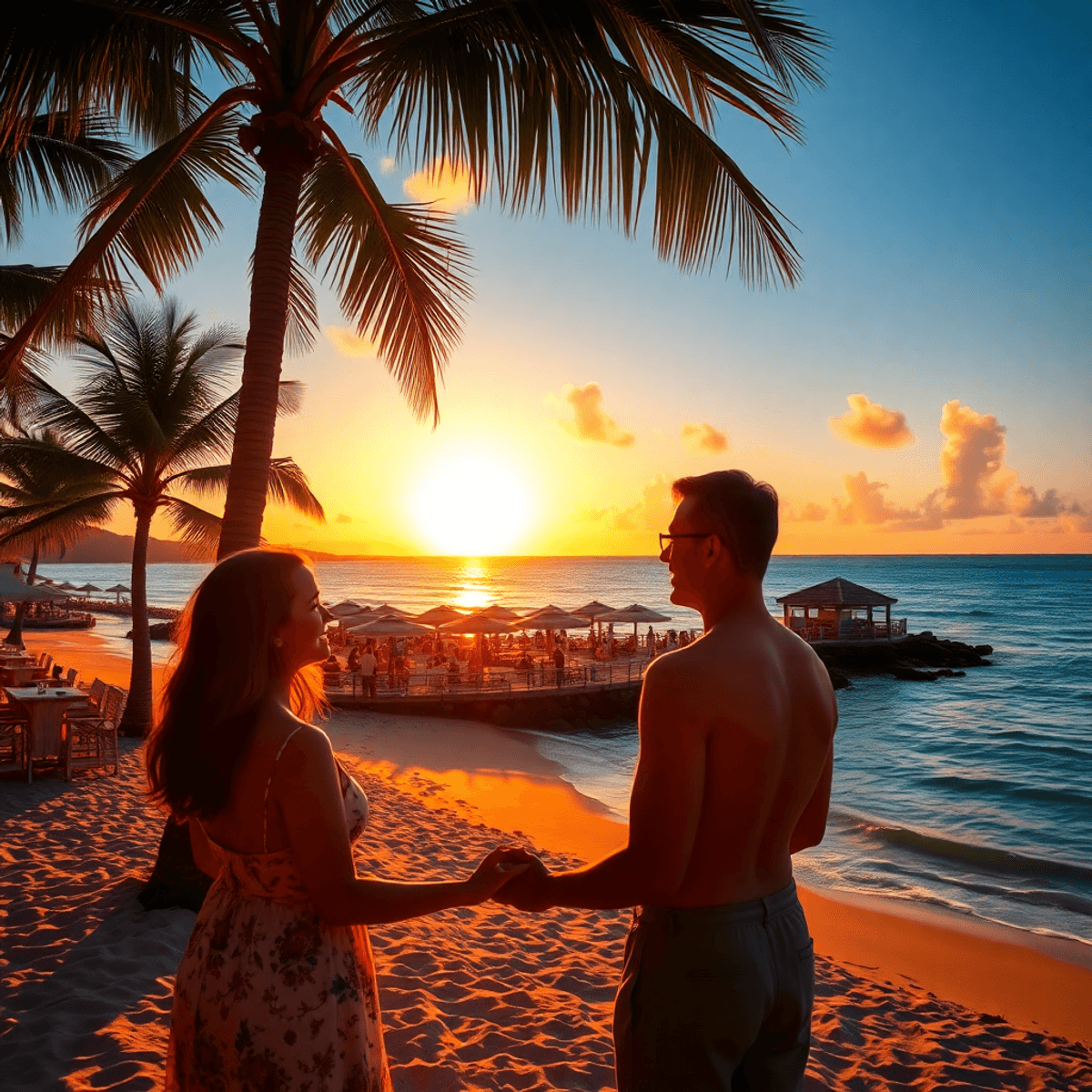 A serene sunset over Aguadilla's beach, with golden sands, crystal-clear waters, swaying palm trees, and a colorful beachside restaurant in the bac...
