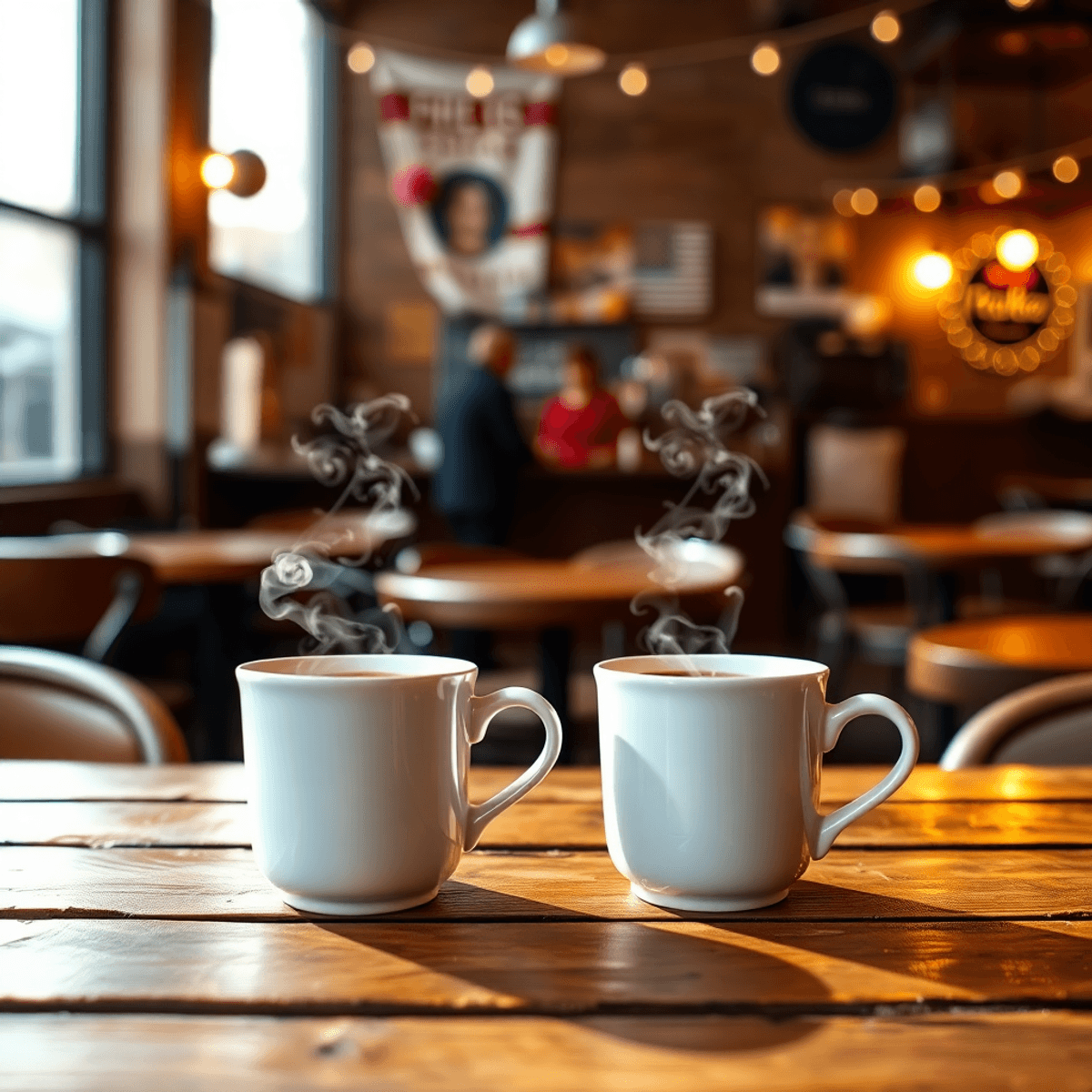 A cozy coffee shop in Appleton, Wisconsin, with steaming coffee cups on a rustic table, soft lighting, and local event decorations creating an invi...