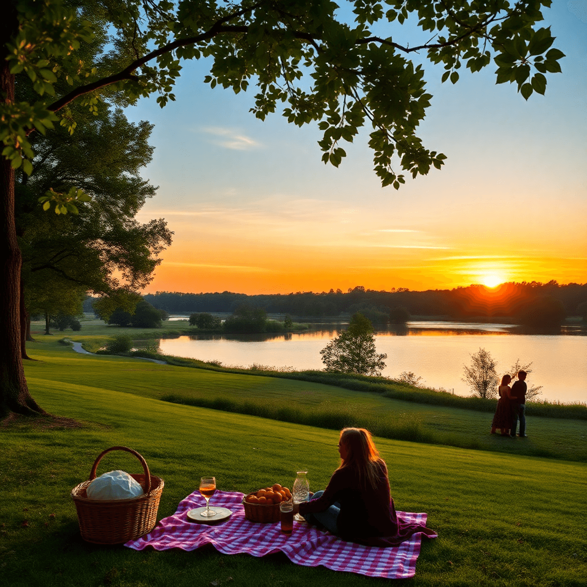 A romantic sunset over Chesapeake park, showcasing lush greenery and a serene lake, with a picnic setup and a couple's silhouette in the distance.