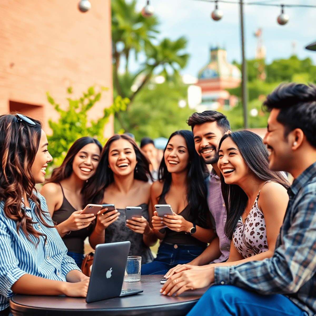 A lively outdoor social meetup scene with a diverse group of singles enjoying themselves, surrounded by greenery and local landmarks, with smartpho...
