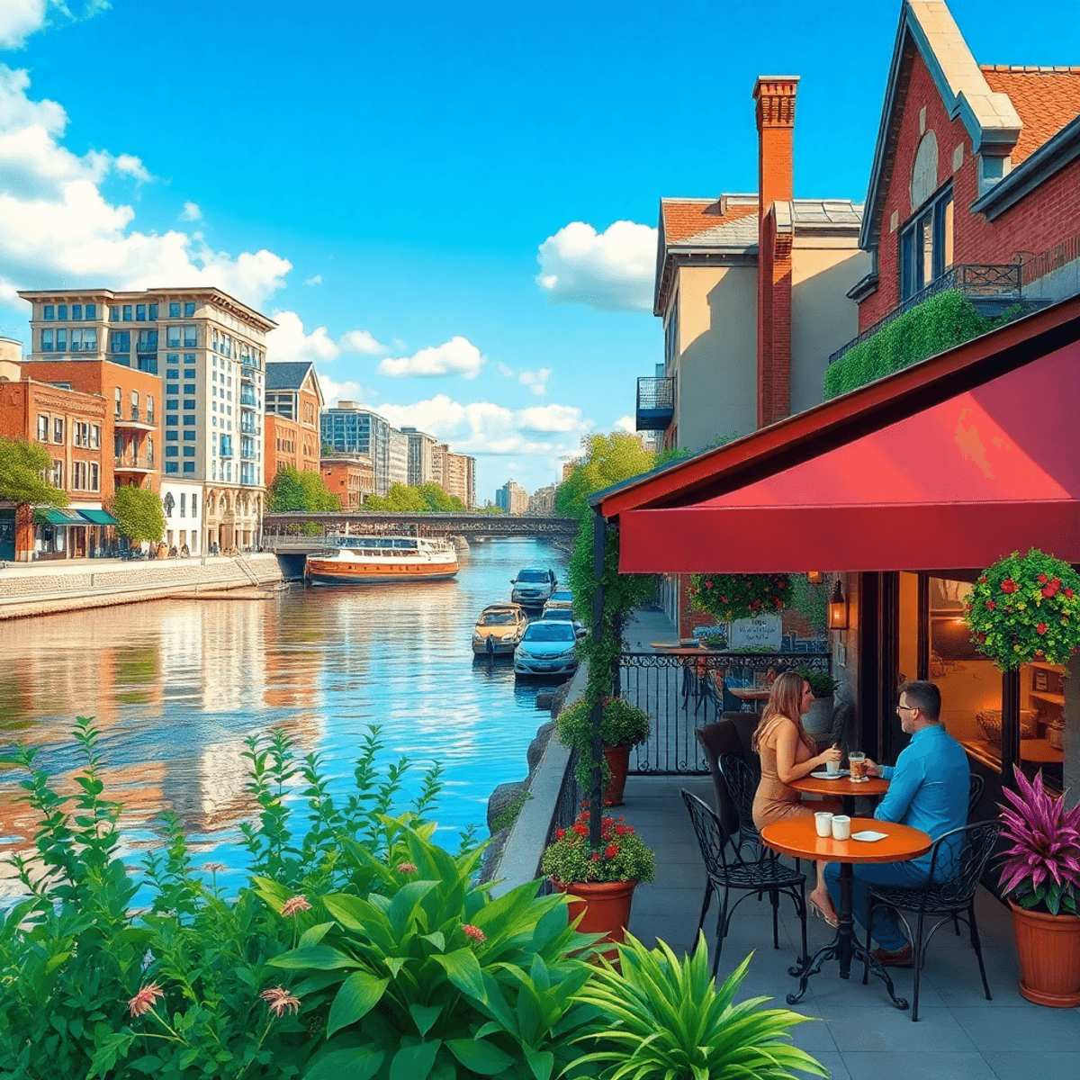 A scenic riverside view in Davenport, Iowa, showcasing a cozy outdoor coffee shop with couples enjoying drinks amidst lush greenery and charming ar...