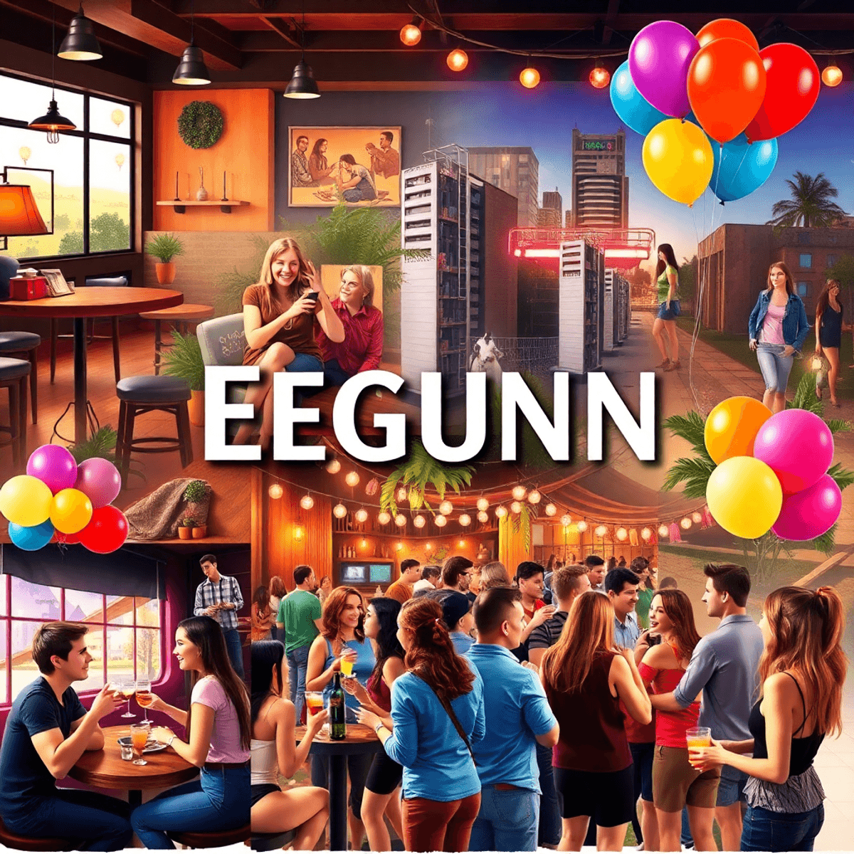 A colorful collage showcasing the dating scene in Eugene, Oregon, with coffee shops, nightlife, and outdoor activities, featuring people mingling a...
