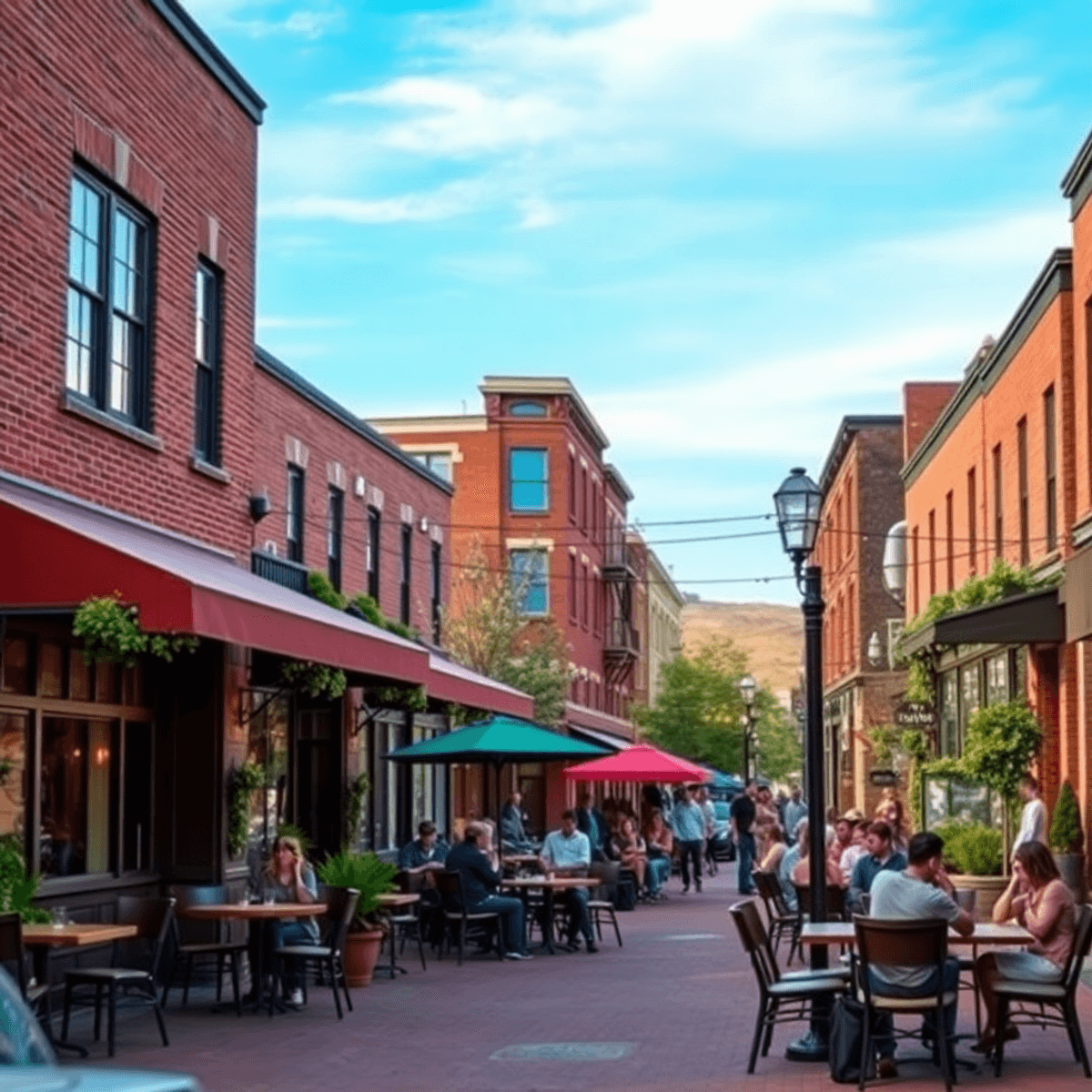 A lively downtown scene in Kennewick featuring cozy cafes, trendy restaurants, and charming brick buildings, with bright colors and a welcoming atm...