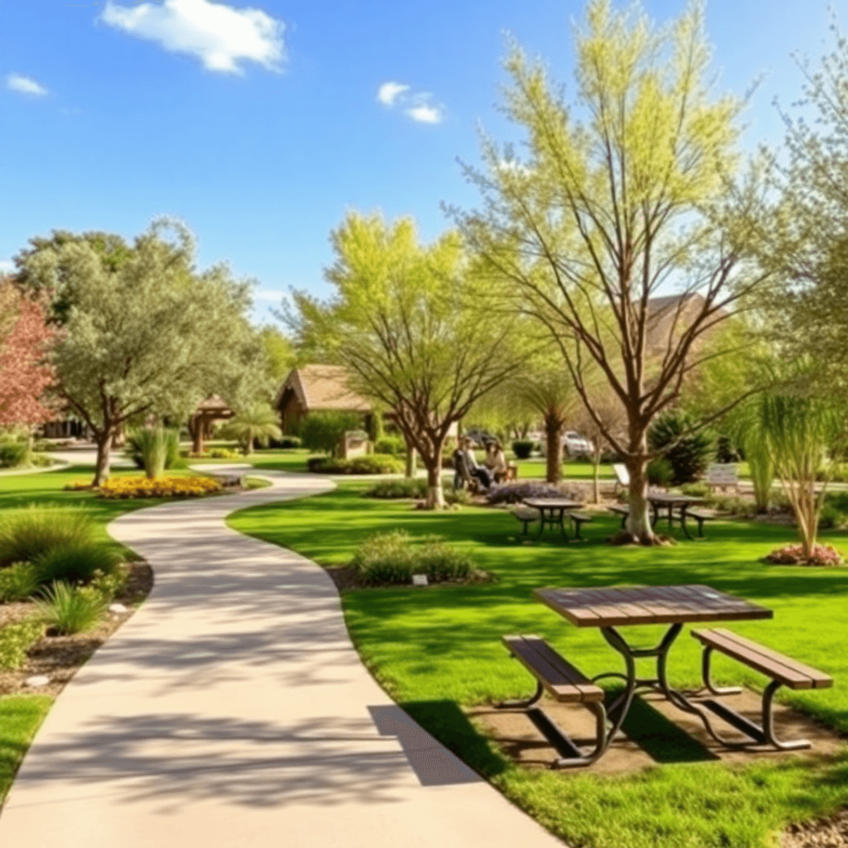 A vibrant park scene featuring walking trails, lush greenery, benches, and picnic areas, creating a relaxed atmosphere perfect for a first date.