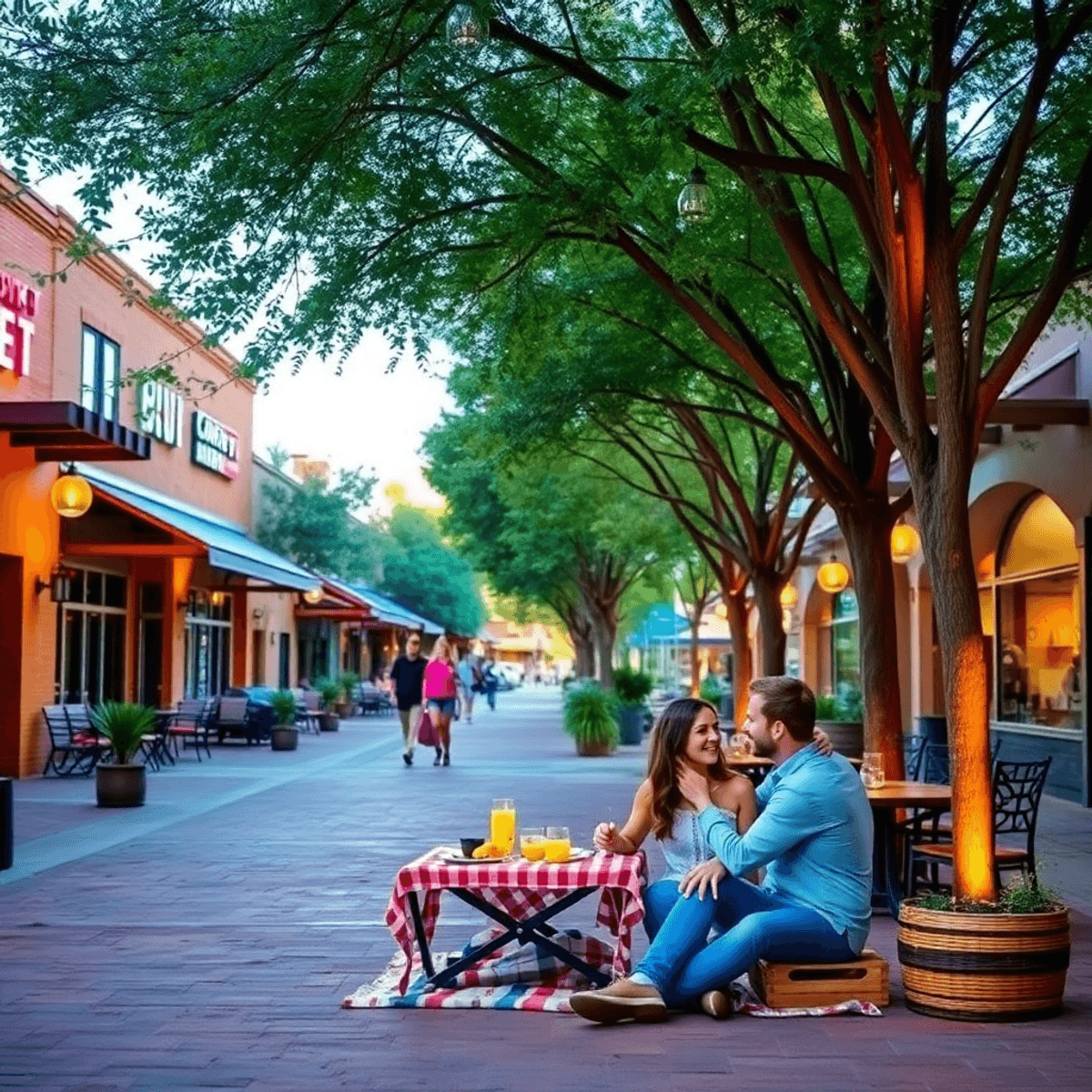 A vibrant outdoor scene in Gilbert, Arizona, showcasing tree-lined streets, trendy cafes, and a scenic park with a picnic setup and a couple enjoyi...