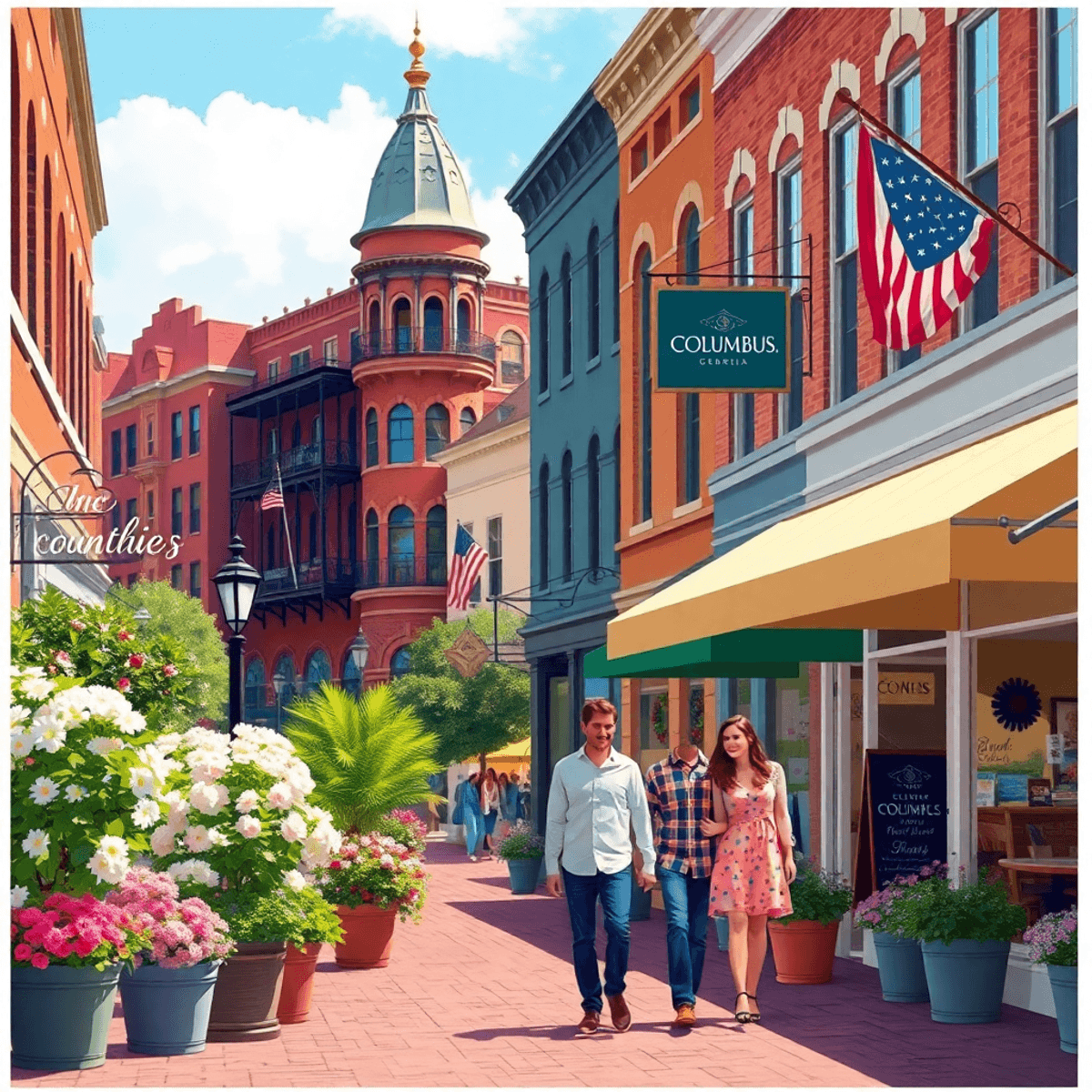 A lively downtown scene in Columbus, Georgia, showcasing historical architecture, blooming flowers, and a couple strolling among local shops in a w...