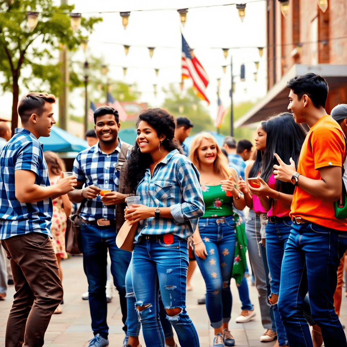 A lively outdoor gathering of young singles in Killeen, Texas, with subtle military elements in the background, showcasing warm interactions and co...