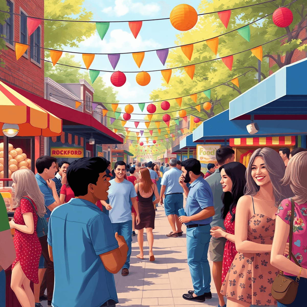 A lively outdoor community festival in Rockford, Illinois, with colorful decorations and food stalls. People are mingling, enjoying conversations a...