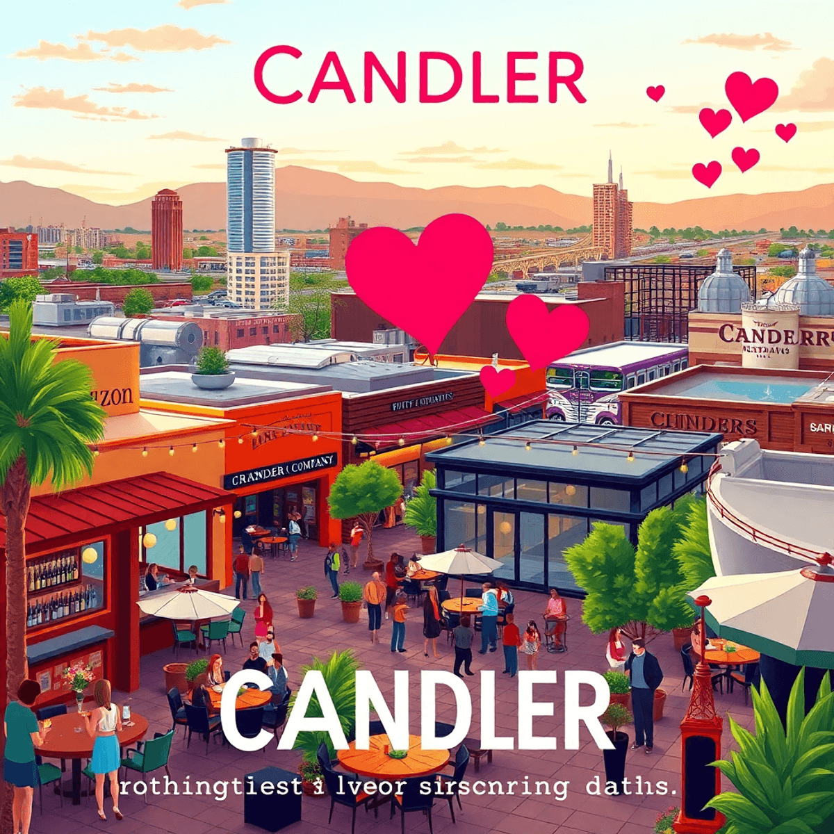 A lively cityscape of Chandler, Arizona, showcasing a wine bar and brewing company with outdoor spaces, filled with hearts and chat bubbles symboli...