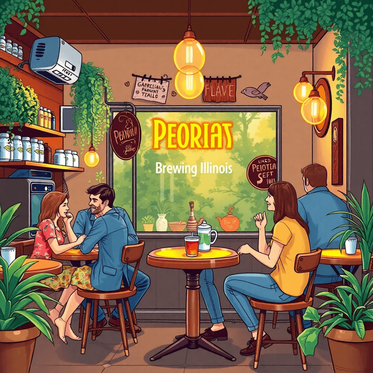 A cozy local café filled with people chatting, featuring a brewing station and lush greenery, creating a warm and inviting atmosphere.