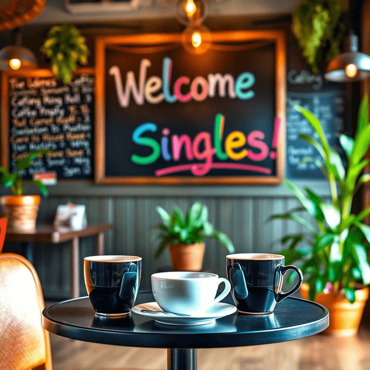 A cozy coffee shop scene with two coffee cups on a small table, warm lighting, plants, and a chalkboard menu saying "Welcome Singles!" creating a w...