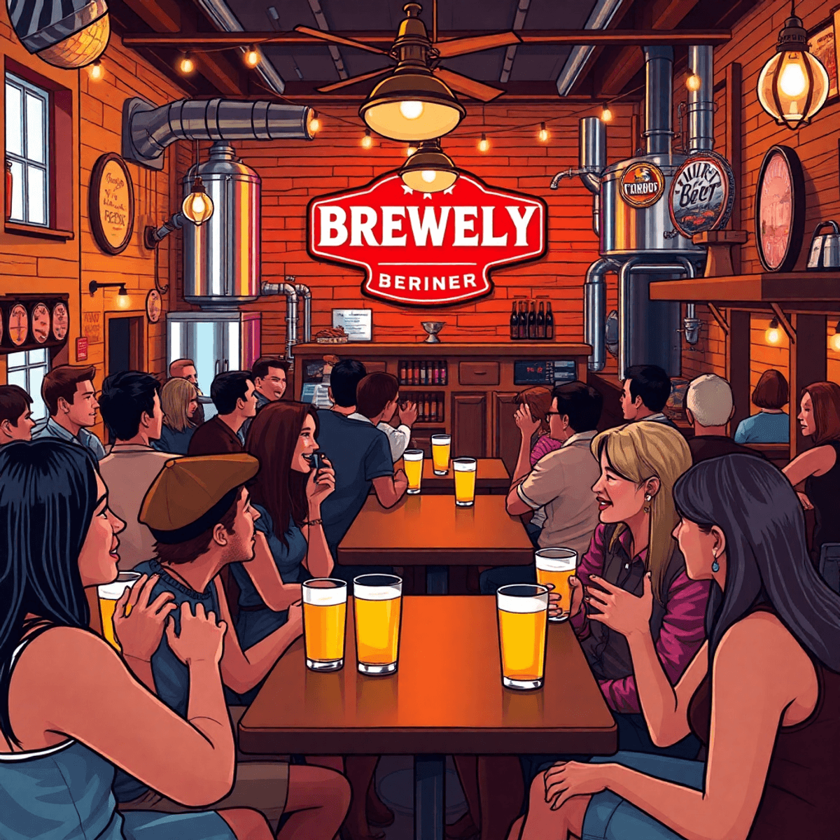 A lively brewery scene in Springfield, Missouri, with people socializing over craft beers during trivia night, exuding a warm and inviting atmosphere.