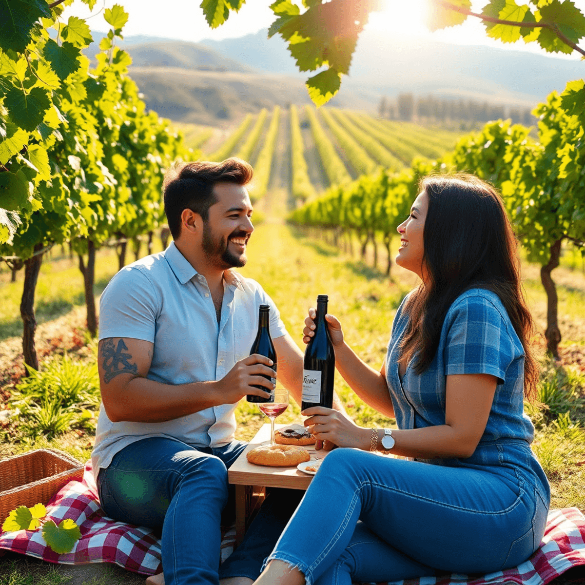 A couple enjoys a picnic in a vineyard, surrounded by lush grapevines and rolling hills, sharing wine and laughter under the warm sunlight.