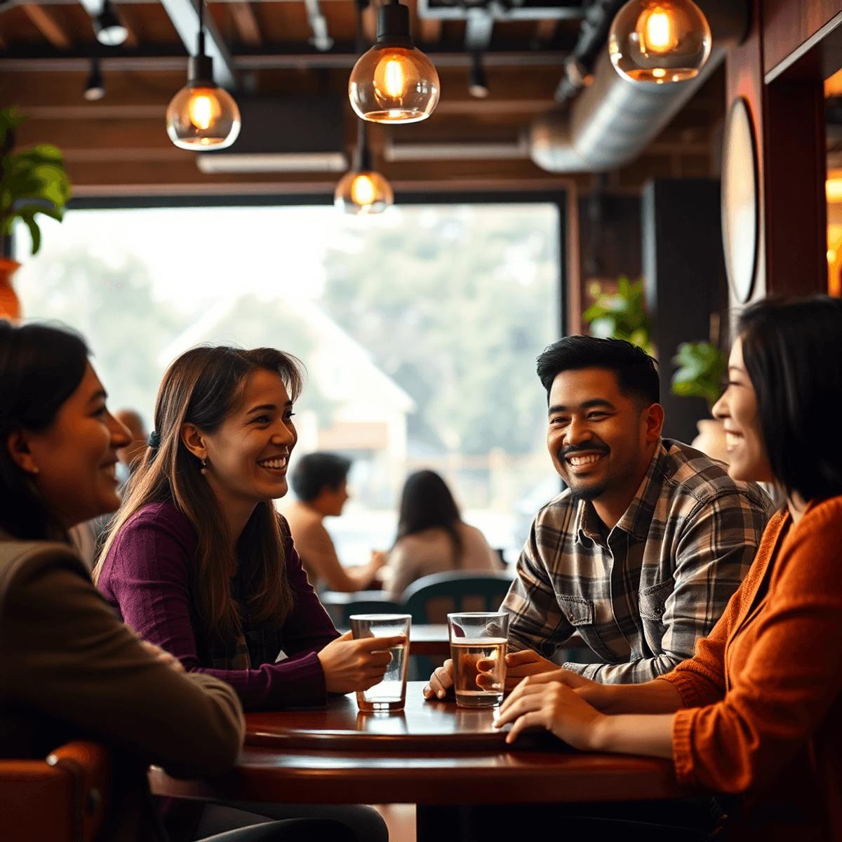 A cozy coffee shop filled with warm lighting, featuring people engaged in conversation and smiling, highlighting connection and community in a welc...