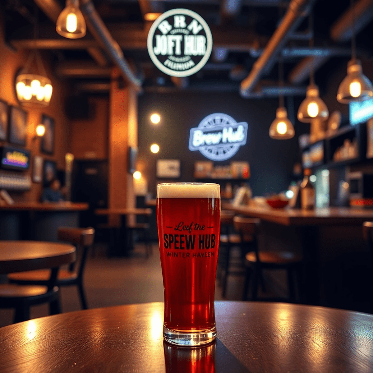 A cozy bar with soft lighting, featuring a craft beer on a table, creating a warm and romantic atmosphere with industrial decor in the background.