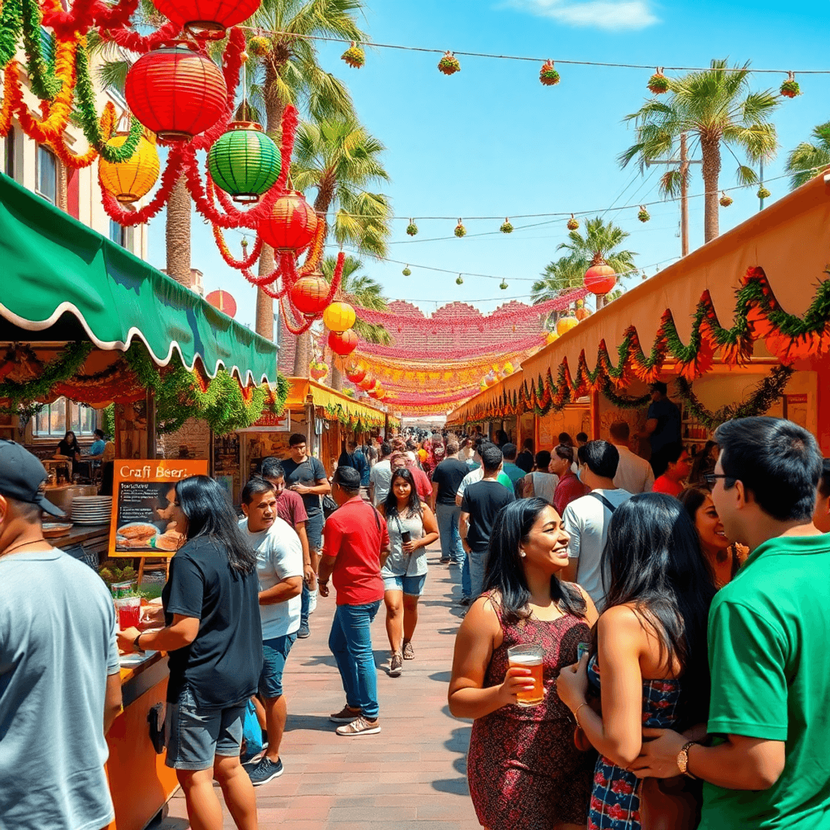 A colorful cultural festival in Santa Ana, featuring vibrant decorations, food stalls with Mexican cuisine, craft beer tents, and people enjoying t...