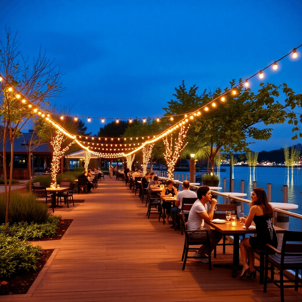 A lively outdoor dining area at Granite Park, featuring string lights, inviting tables for couples, and scenic walking paths along a waterfront boa...