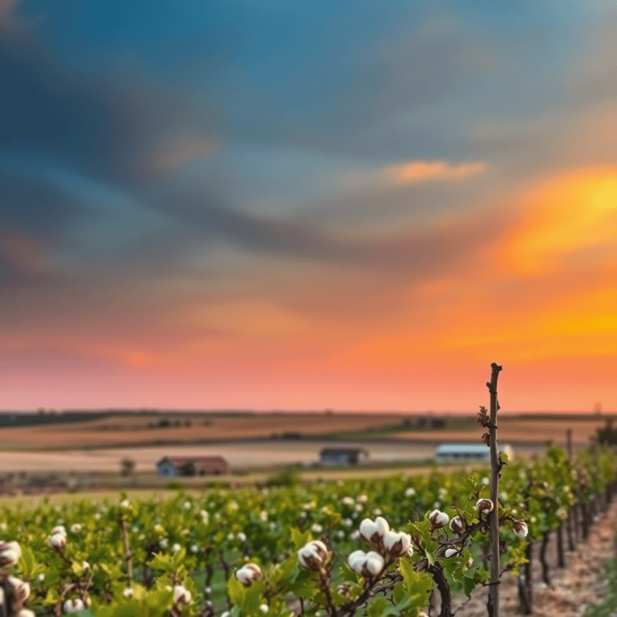 A stunning sunset over cotton fields in Lubbock, with a rustic vineyard in the foreground and traditional ranch houses in the distance, showcasing ...