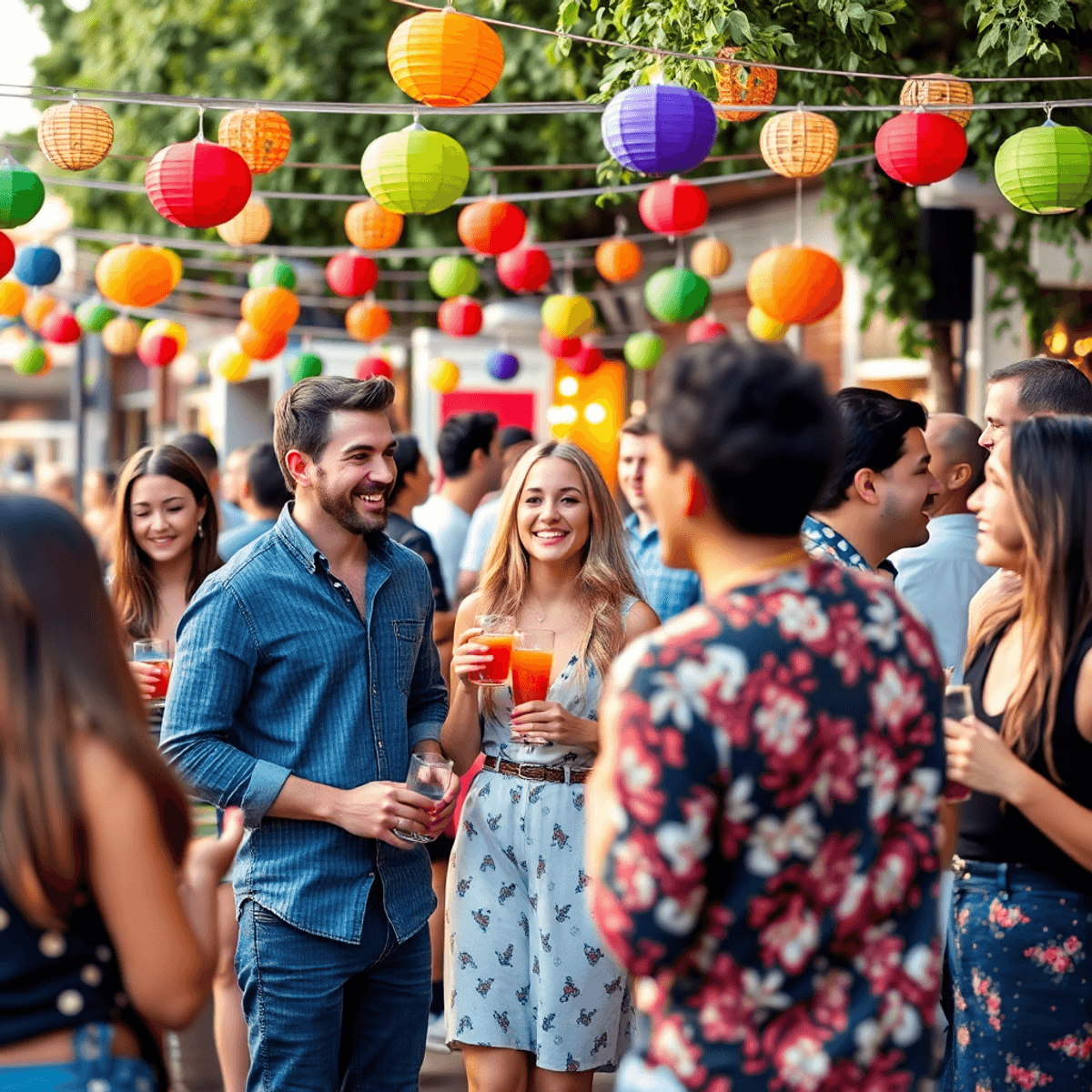 A lively singles mixer in Irvine, California, with young professionals chatting and laughing amid colorful decorations and drinks in a warm outdoor...