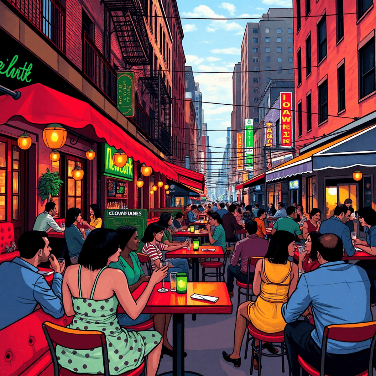 A colorful urban scene in Newark, featuring romantic restaurants, trendy bars, and charming cafes, with a lively atmosphere and diverse crowd enjoy...