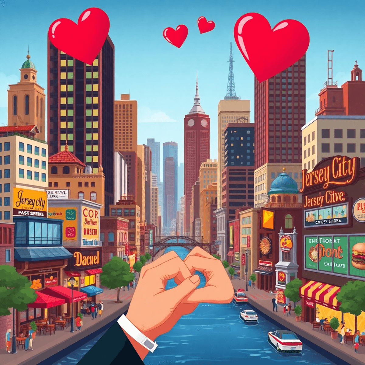 A vibrant Jersey City skyline with cultural landmarks, diverse cuisine symbols, and elements of love like hearts, evoking romance and community in ...