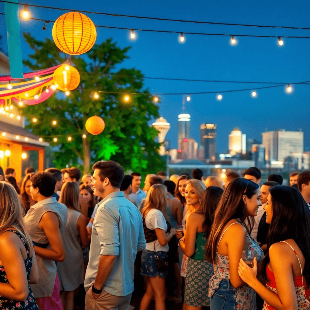 A lively outdoor event in Fayetteville, featuring singles mingling under colorful decorations and string lights, with a city skyline backdrop, exud...