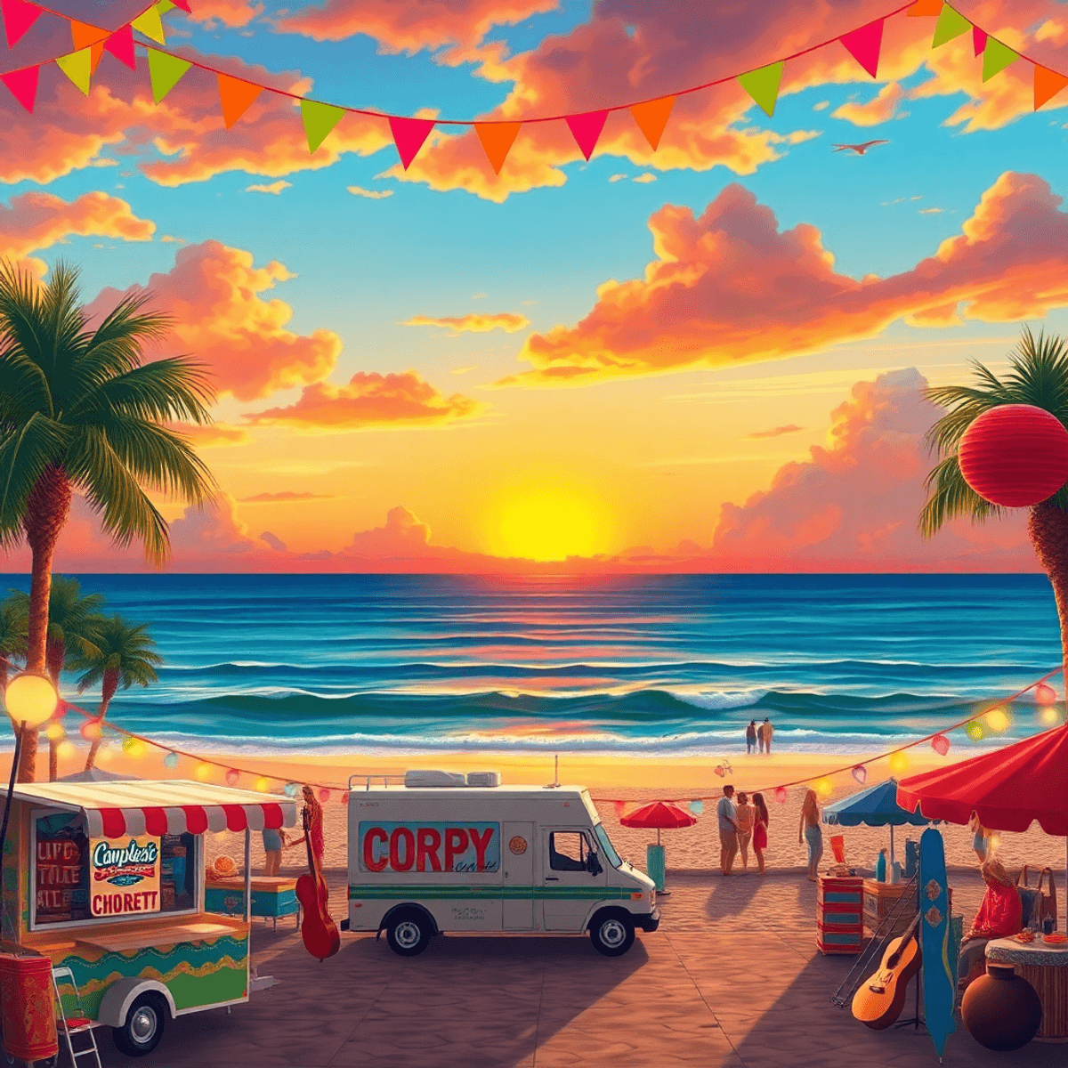 A vibrant coastal sunset over a beach in Corpus Christi, with palm trees, colorful festival decorations, a food truck, and musical instruments, cre...