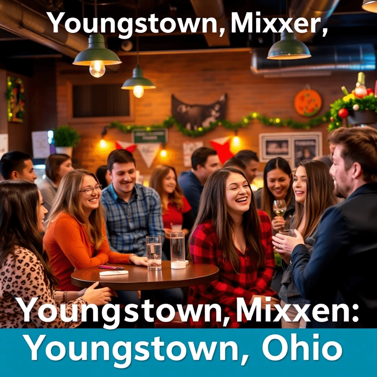 A lively social mixer in a cozy venue, with young adults laughing and engaging together, surrounded by warm lighting and charming local decorations.