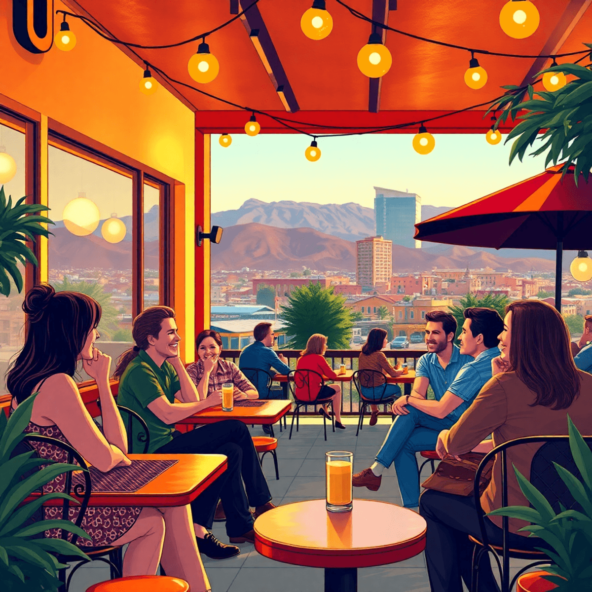 A cozy coffee shop in Henderson, Nevada, featuring outdoor seating and warm lighting, with people chatting and laughing against a backdrop of the c...