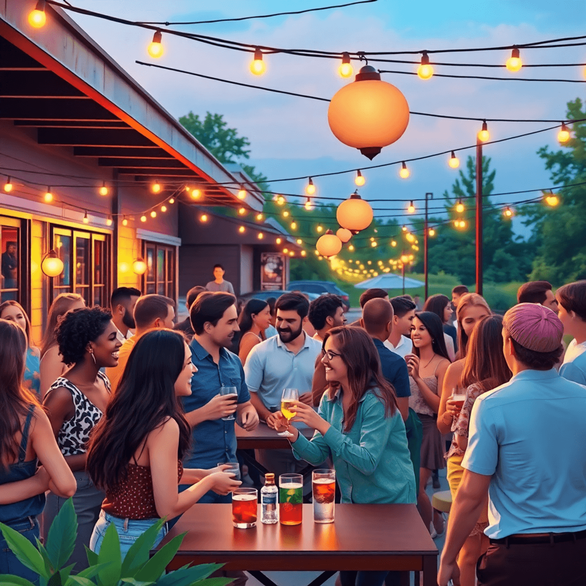 A lively outdoor singles event in Trenton, with young adults mingling under string lights, enjoying drinks at tables, and engaging in warm conversa...