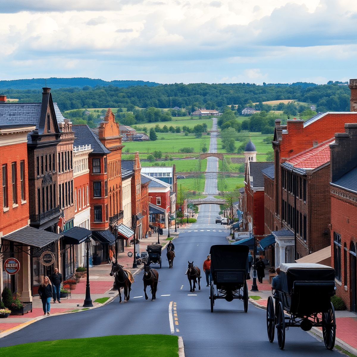 A scenic view of Lancaster, Pennsylvania, featuring historic downtown buildings, horse-drawn buggies on country roads, and lush farmland under soft...