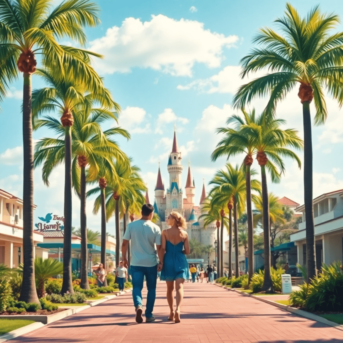 A sunny Kissimmee street with swaying palm trees, couples strolling, a Disney-themed backdrop, and lush greenery, evoking adventure and romance.