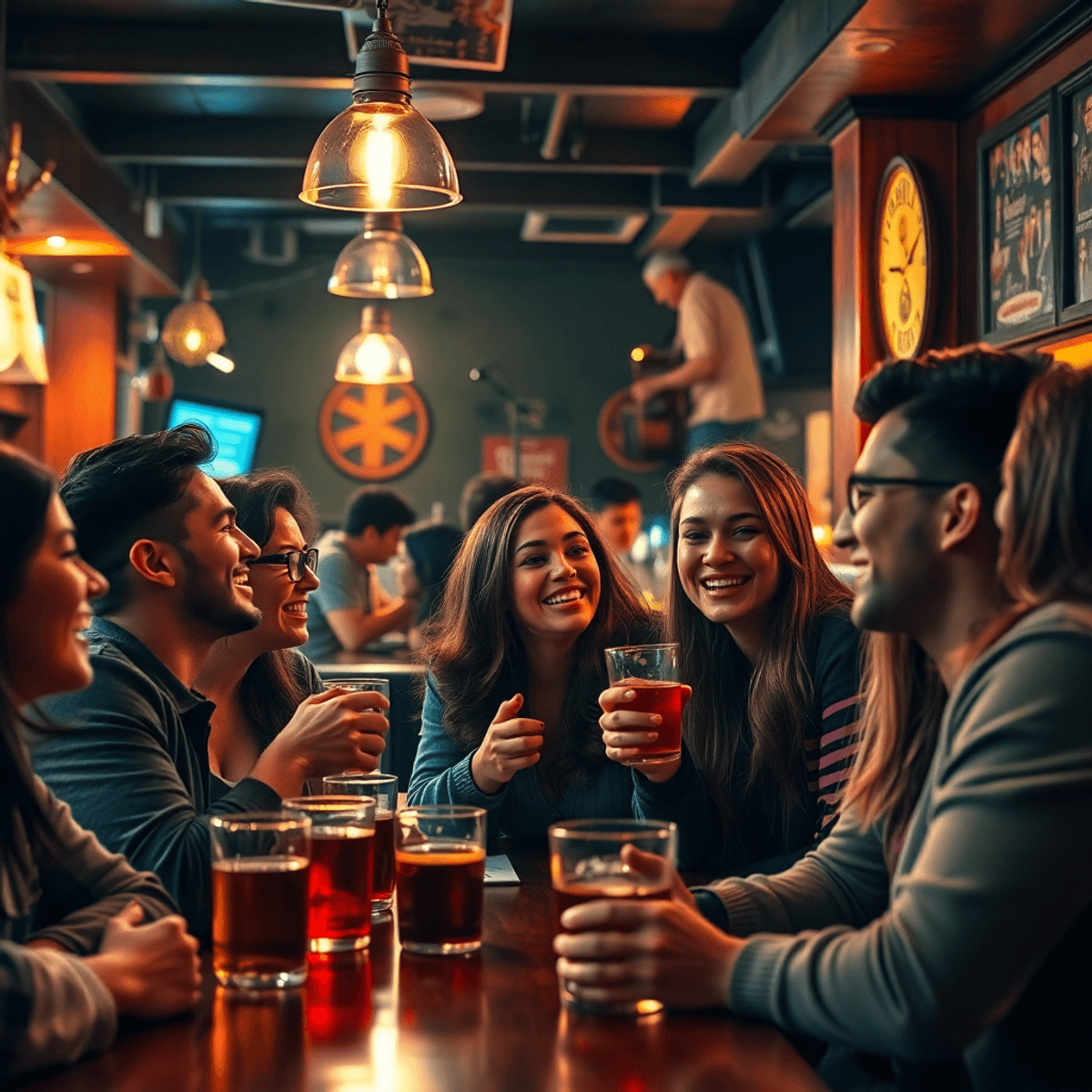 A cozy pub scene in Aurora, Colorado, with warm lighting and a lively atmosphere, showcasing young adults engaging in conversation and laughter ove...
