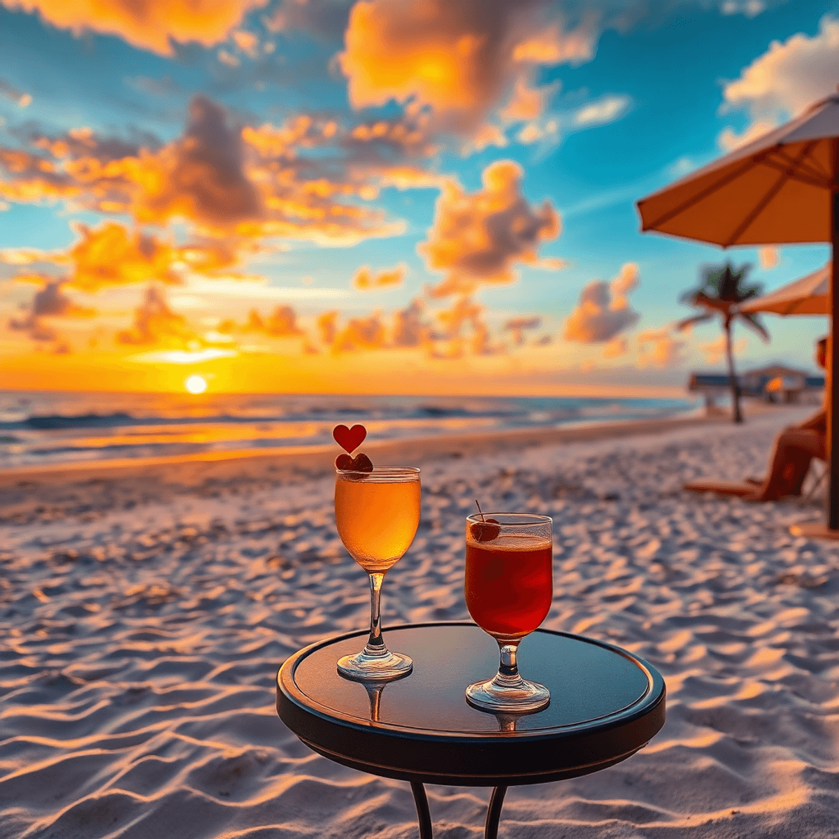 A vibrant beach scene in Pensacola, Florida, with sandy shores and a colorful sunset, featuring heart-shaped decorations and two cocktails on a sma...