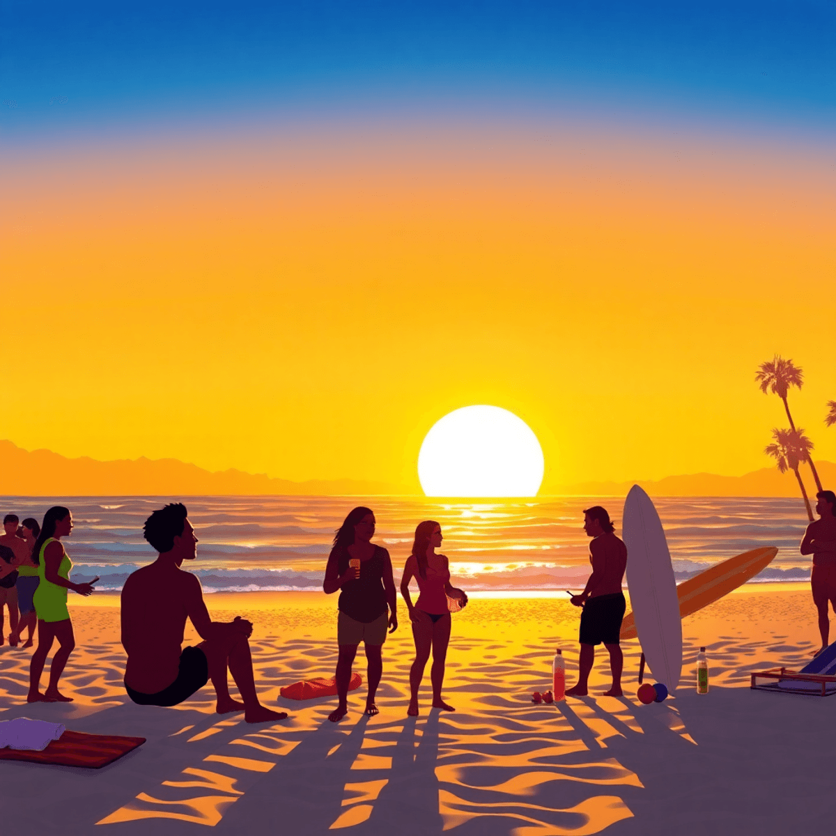A vibrant beach scene at sunset in Oxnard, California, showcasing silhouettes of people enjoying a casual meetup on the sand with beach towels, sur...