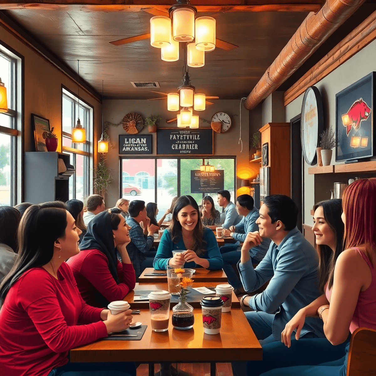A cozy coffee shop scene in Fayetteville, Arkansas, featuring young adults chatting and laughing amidst warm lighting and rustic decor, with subtle...