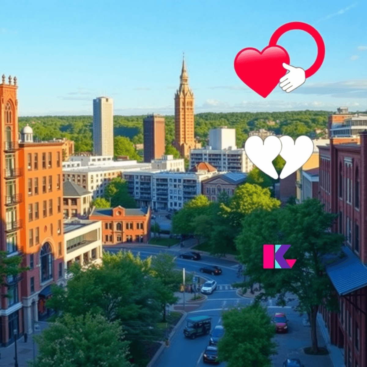 A vibrant cityscape of Durham, North Carolina, showcasing modern architecture and natural beauty, with symbols of love and connection amidst lively...