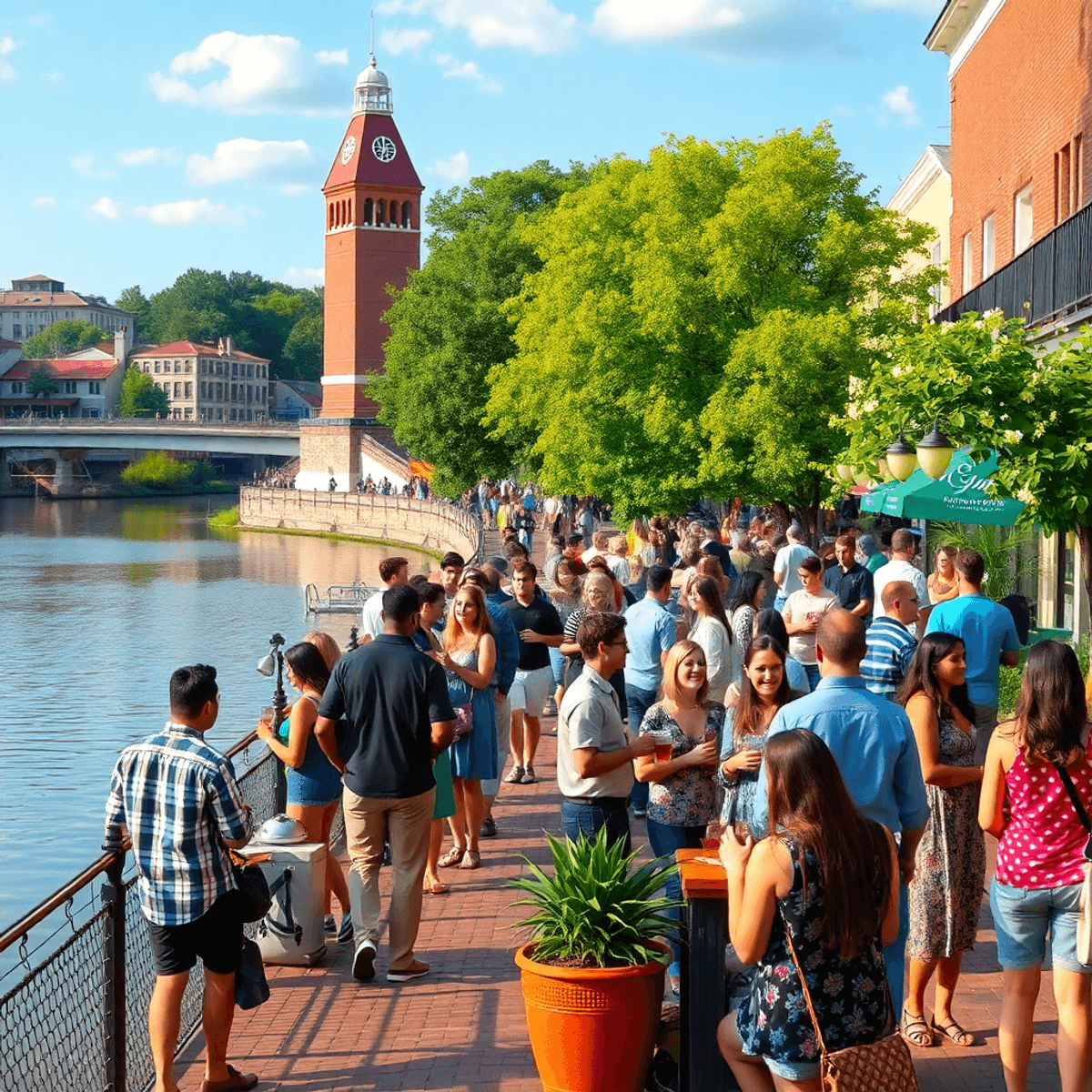 A lively Augusta Riverwalk scene with people enjoying the outdoors, mingling, and showcasing local culture, craft breweries, and historical archite...