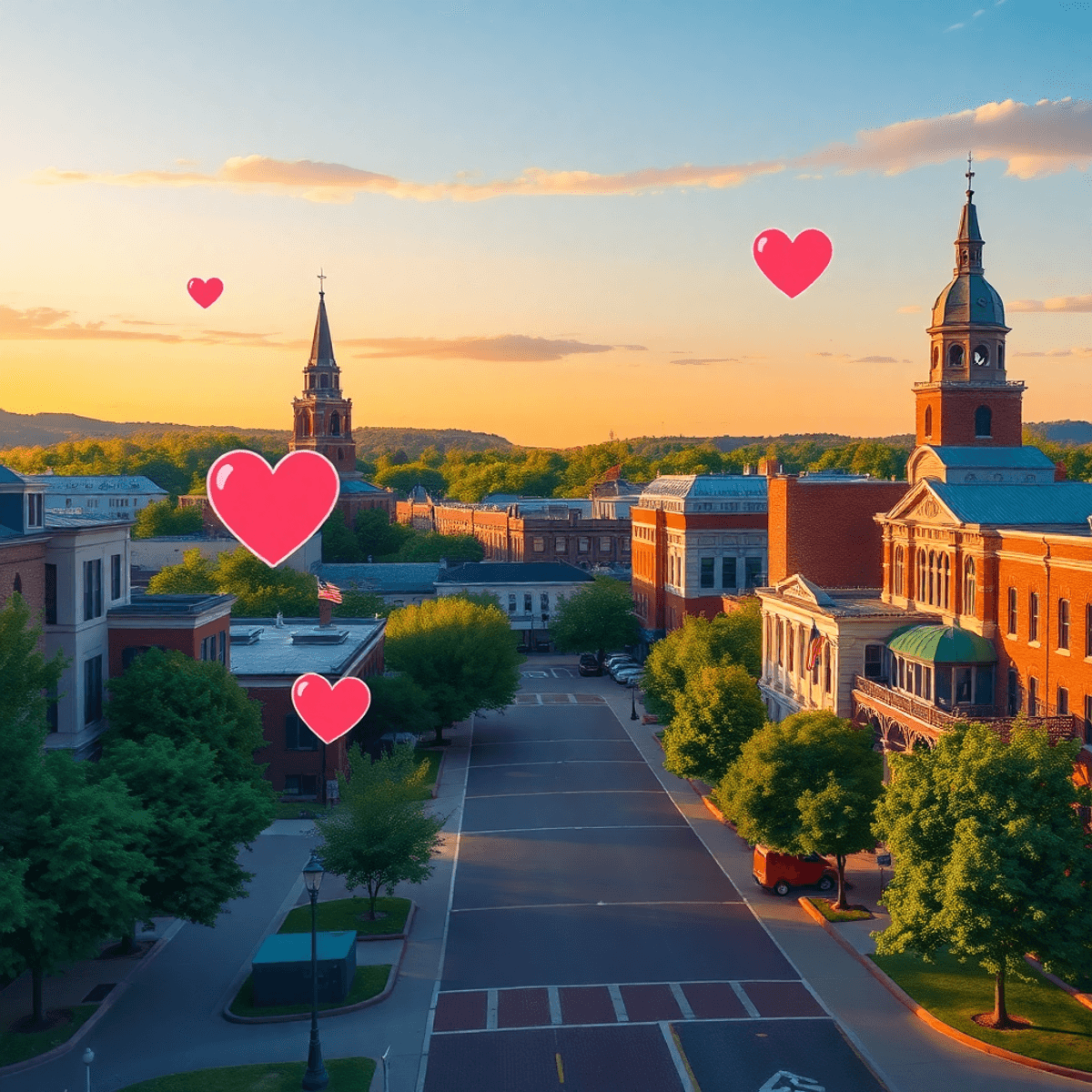 A vibrant sunset over Winston-Salem's historic and modern architecture, featuring subtle hearts and chat bubbles in the landscape, evoking romance ...