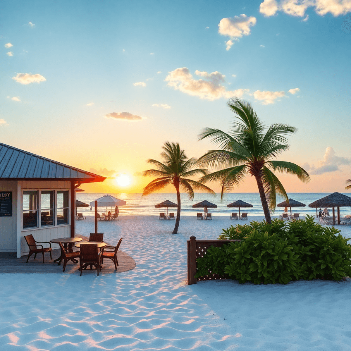A vibrant beach scene in Bonita Springs, Florida, with soft white sand, clear blue waters, a cozy café, swaying palm trees, and a picturesque sunset.