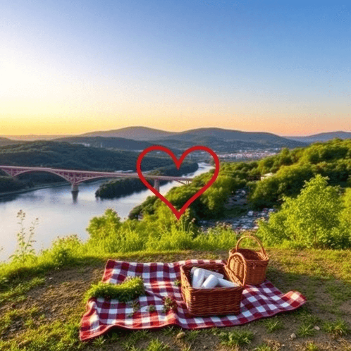 A scenic view of Chattanooga, featuring the Tennessee River and Lookout Mountain, with a heart shape formed by hiking trails and a picnic setup ami...