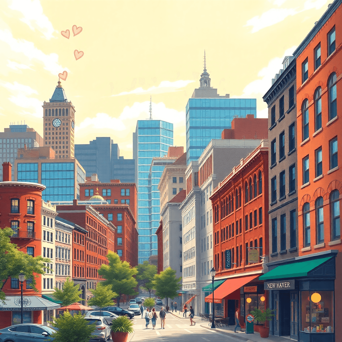 A vibrant cityscape of New Haven showcasing historic and modern architecture, with hearts and intertwined hands, art galleries, coffee shops, and l...