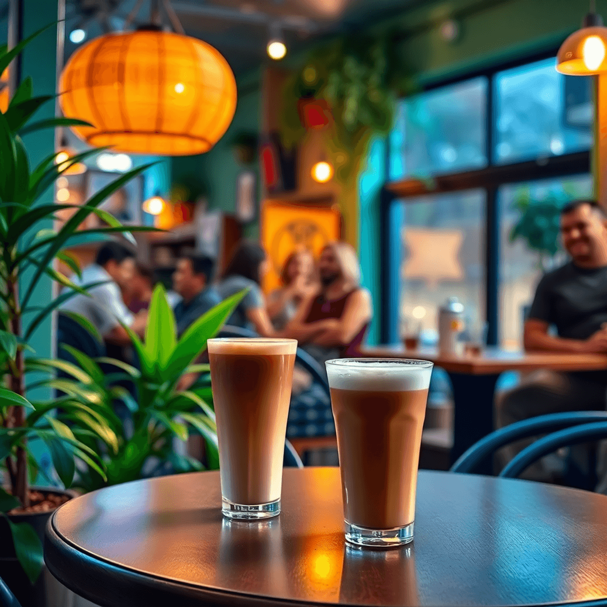 A cozy coffee shop scene with warm lighting, drinks on a table, and lush plants, showcasing people chatting and laughing, creating a welcoming atmo...