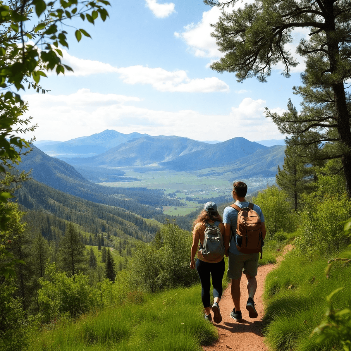 A couple hiking in the Boise Foothills, surrounded by lush greenery and mountain trails, capturing a sense of adventure and connection in nature.