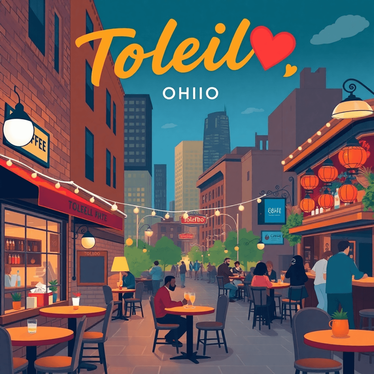 A lively Toledo cityscape showcasing a cozy coffee shop and bustling bar, with warm lighting and symbols of connection, evoking community and oppor...