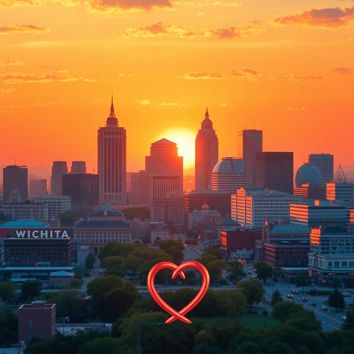 A vibrant Wichita cityscape at sunset with iconic landmarks, featuring subtle heart and ring symbols in the foreground, conveying community and con...